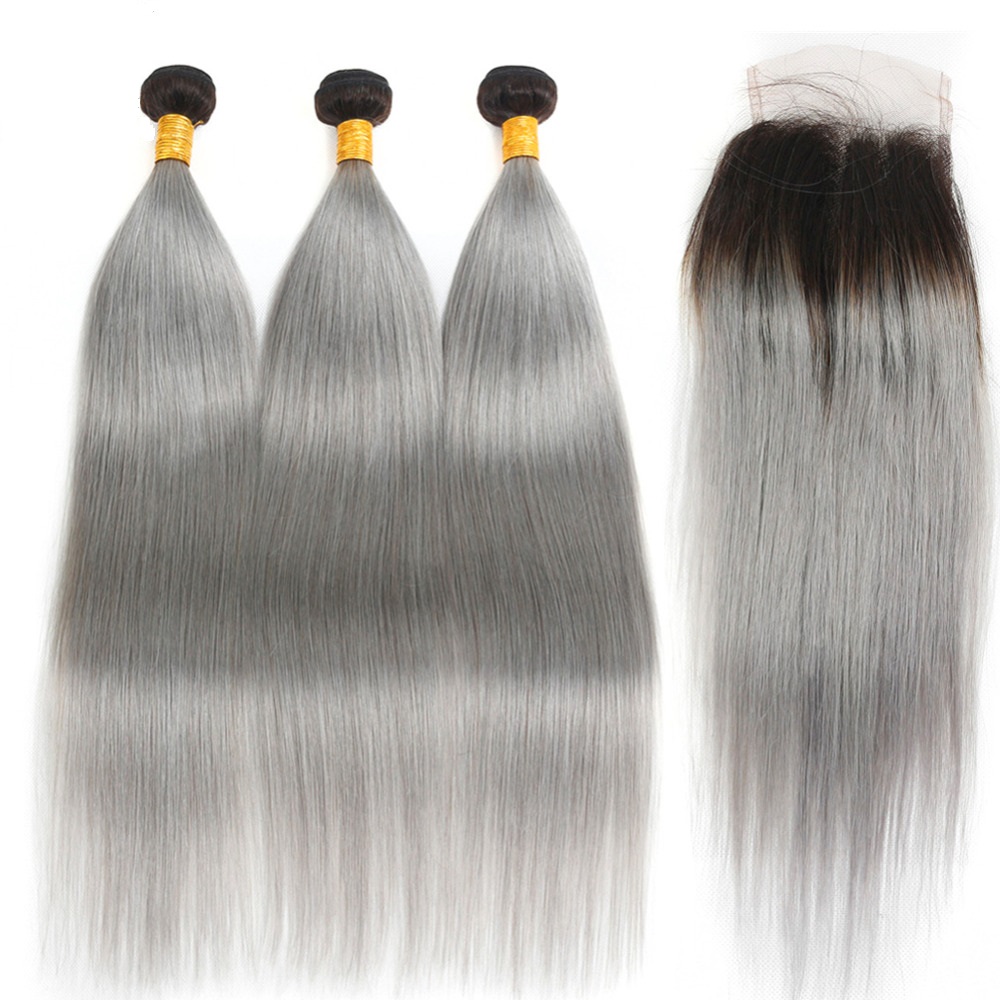 Stema 1B/Grey Straight Virgin Hair Bundles With 4x4 Lace Closure